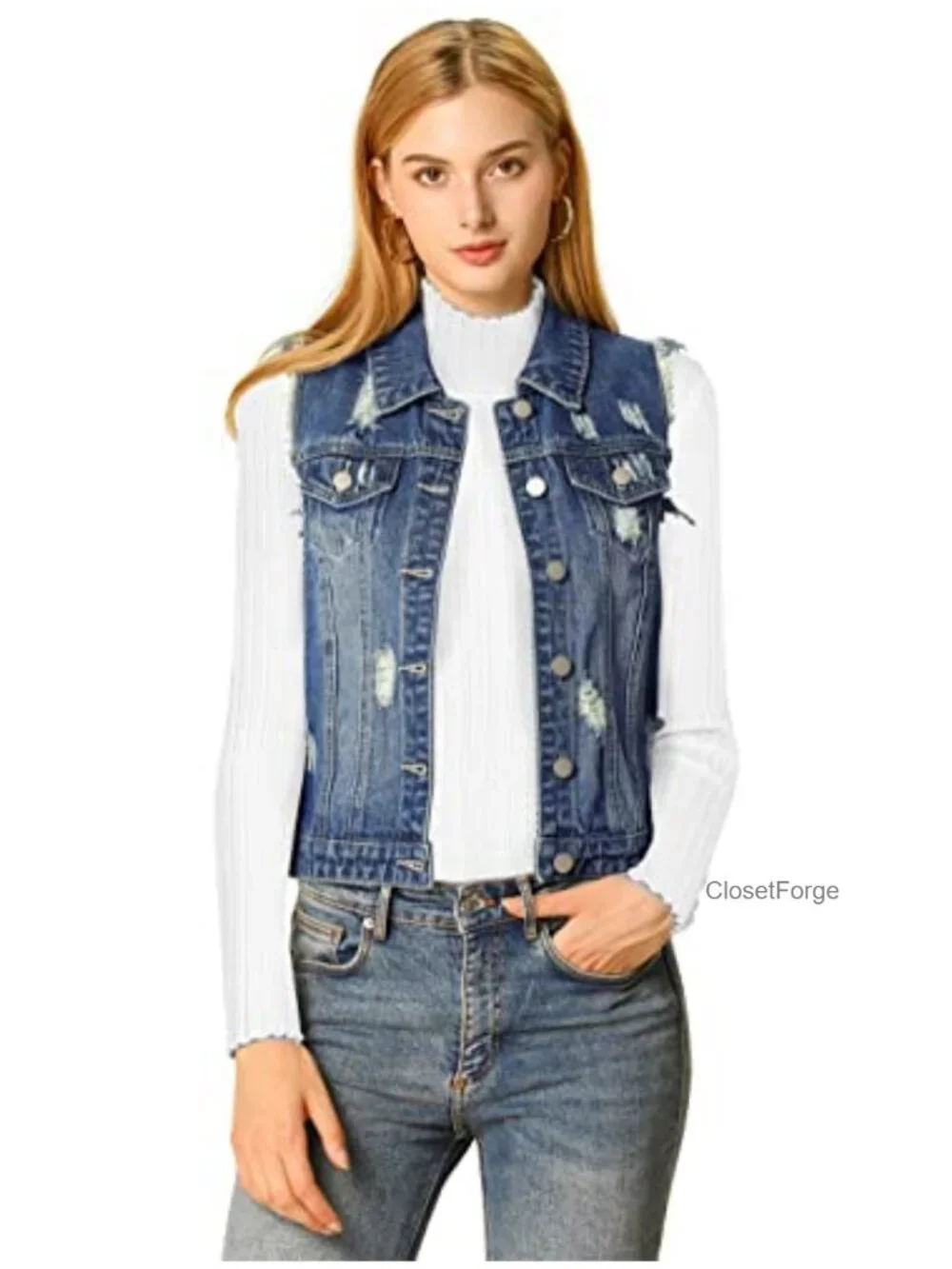 Sleeveless Distressed Denim Vest with Button Closure and Chest Pockets